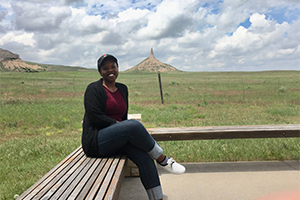 Sarah in front of Chimney Rock