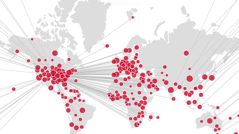 Globe map with red dots