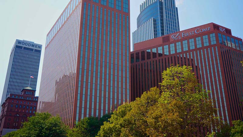 Large buildings in urban setting