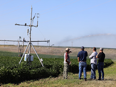 People standing in front of agriculture field with venter pivot running
