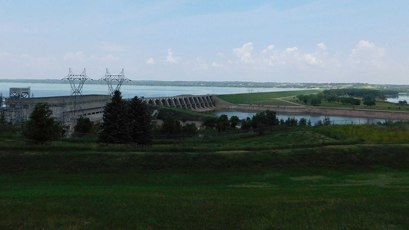 Large hydroelectric dam view from distance