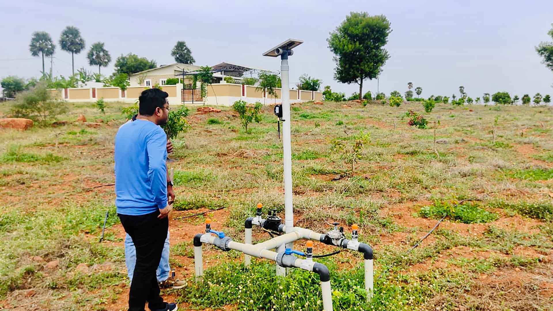 Two people looking at irrigation valve setup