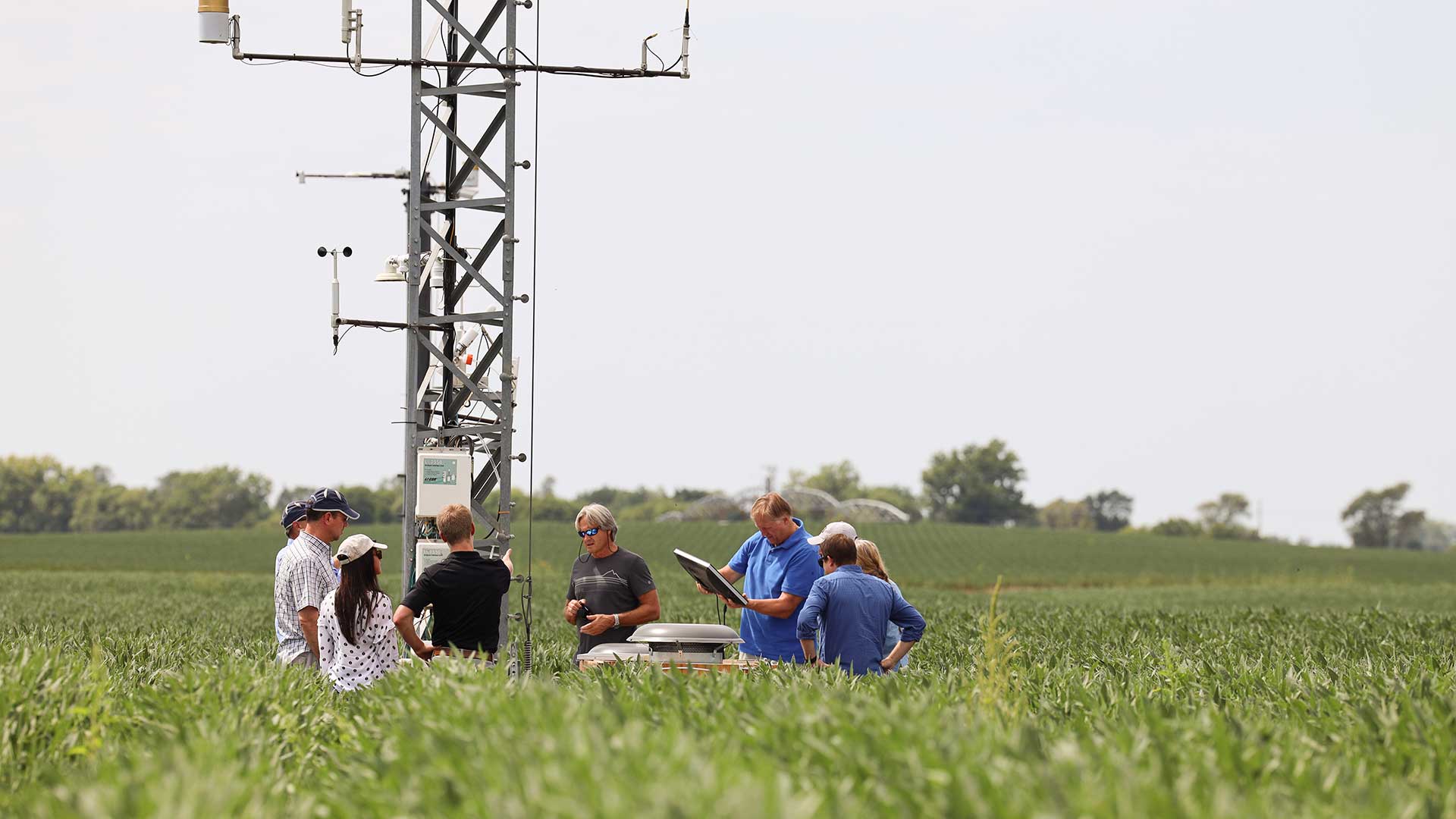 Group working on equipment sensor tower in field