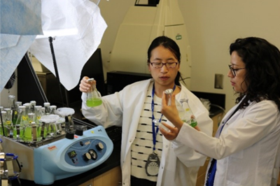 Two researchers in lab coats examine a flask of green liquid beside a lab bench with scientific equipment and glassware.