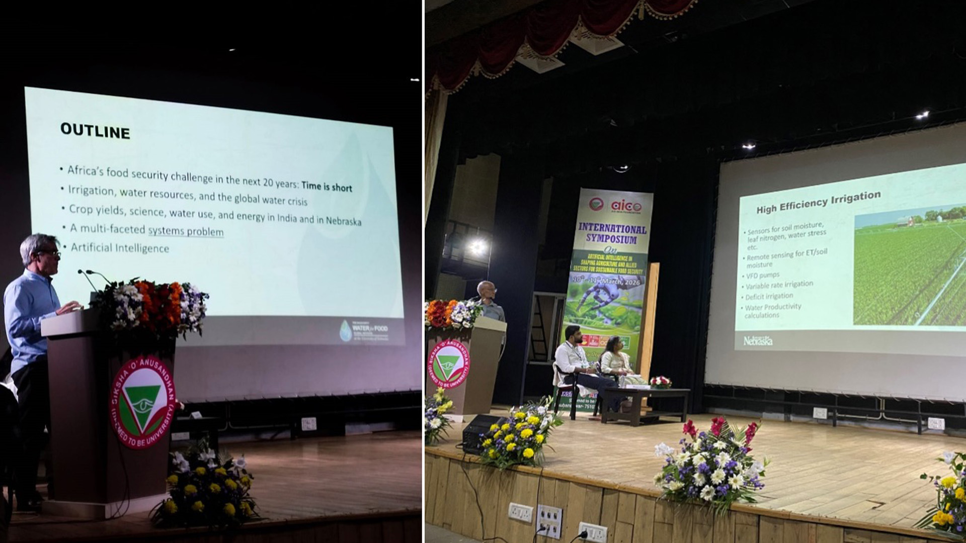 Speaker at a podium presents slides on food security and high-efficiency irrigation during an international symposium on a decorated auditorium stage.