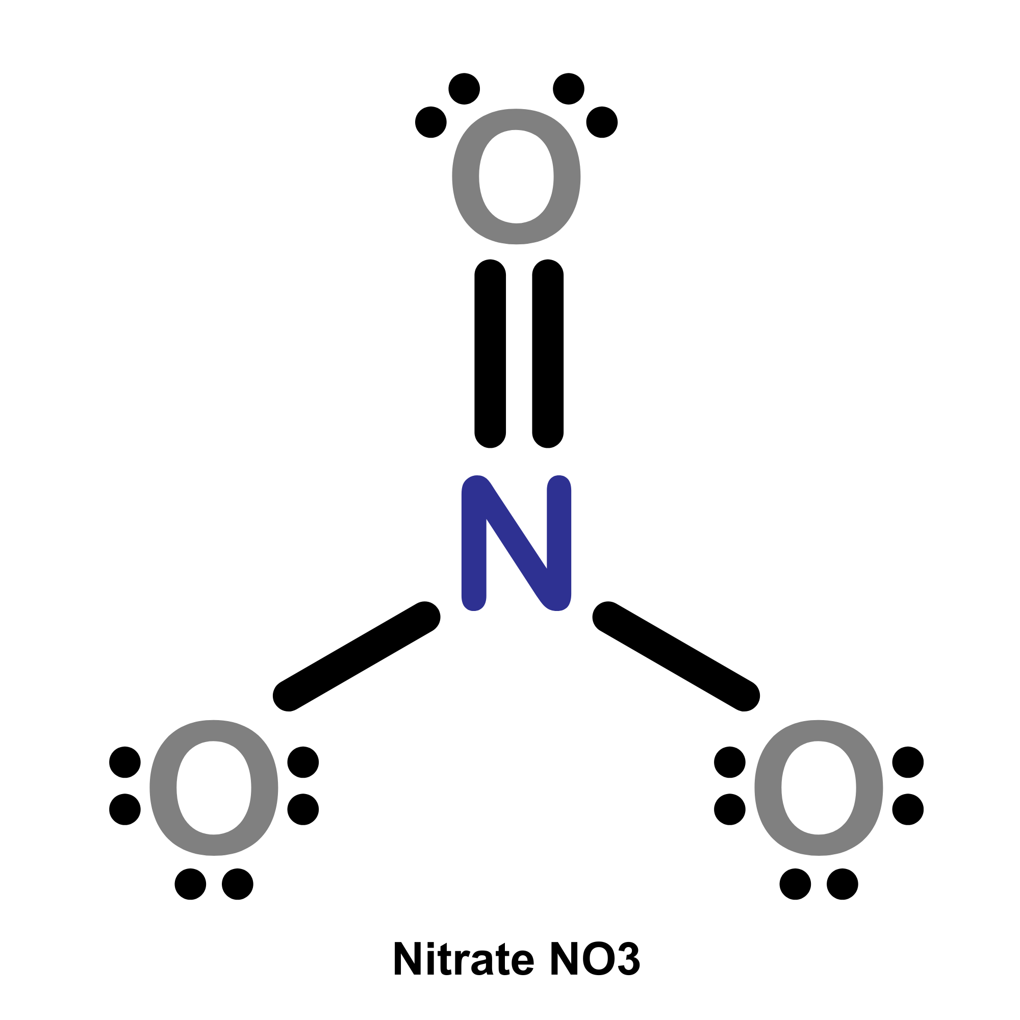 Lewis dot structure of the nitrate ion (NO3), with a central nitrogen bonded to three oxygen atoms and electron pairs shown as dots.
