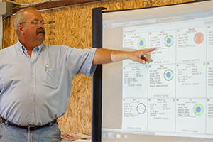 Person pointing at large screen with technical data