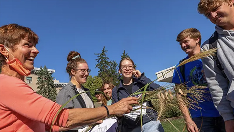 People talking while looking at grass samples