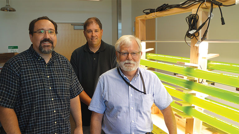 Three people standing by green tubes